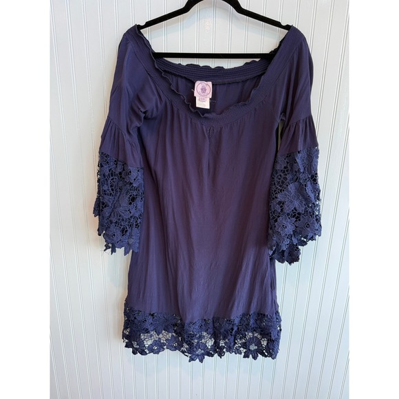 Spring Break Blue Lace Bell Sleeve dress S/M Beachy Boho Resort Vacation - Picture 4 of 7